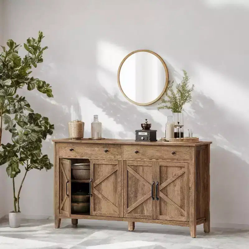 Meuble de rangement de cuisine style ferme marron miel avec 2 tiroirs et étagères réglables, parfait pour un coin café