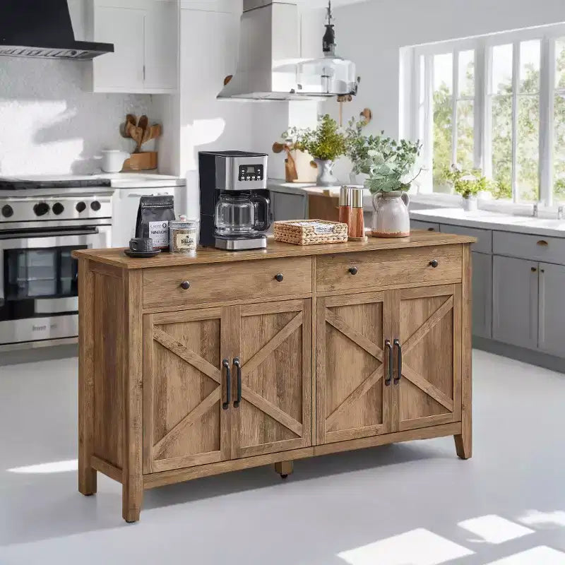 Meuble de rangement de cuisine style ferme marron miel avec 2 tiroirs et étagères réglables, parfait pour un coin café