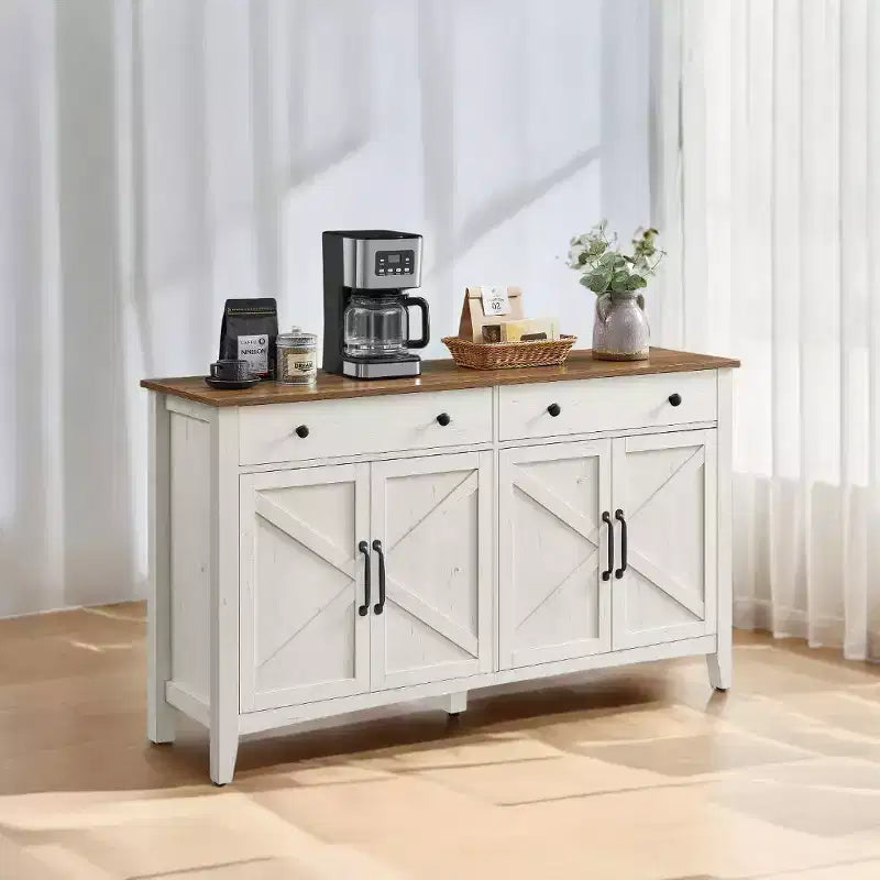 Meuble de rangement de cuisine style ferme marron miel avec 2 tiroirs et étagères réglables, parfait pour un coin café