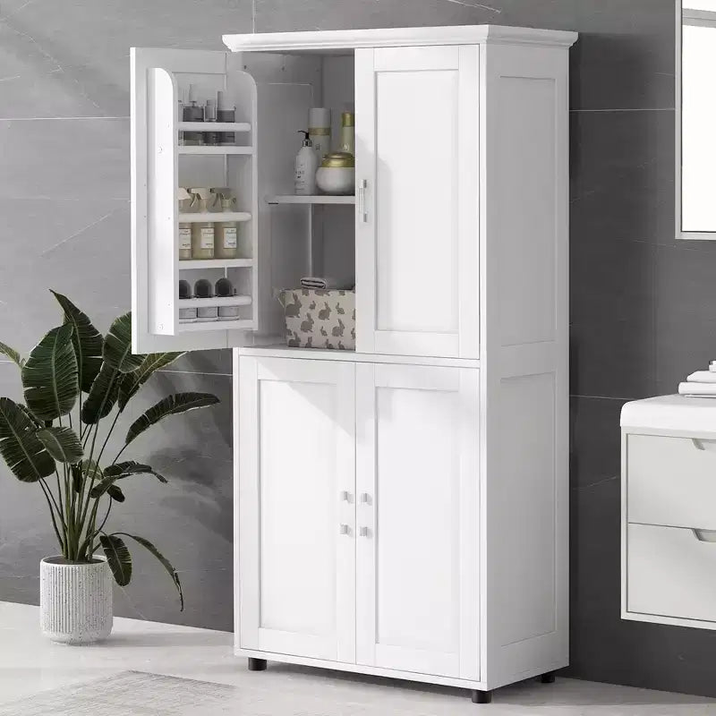 Meuble de rangement haut et large de style minimaliste Whisen, meuble autonome avec 4 portes et étagères réglables pour salle de bain, bureau - Blanc