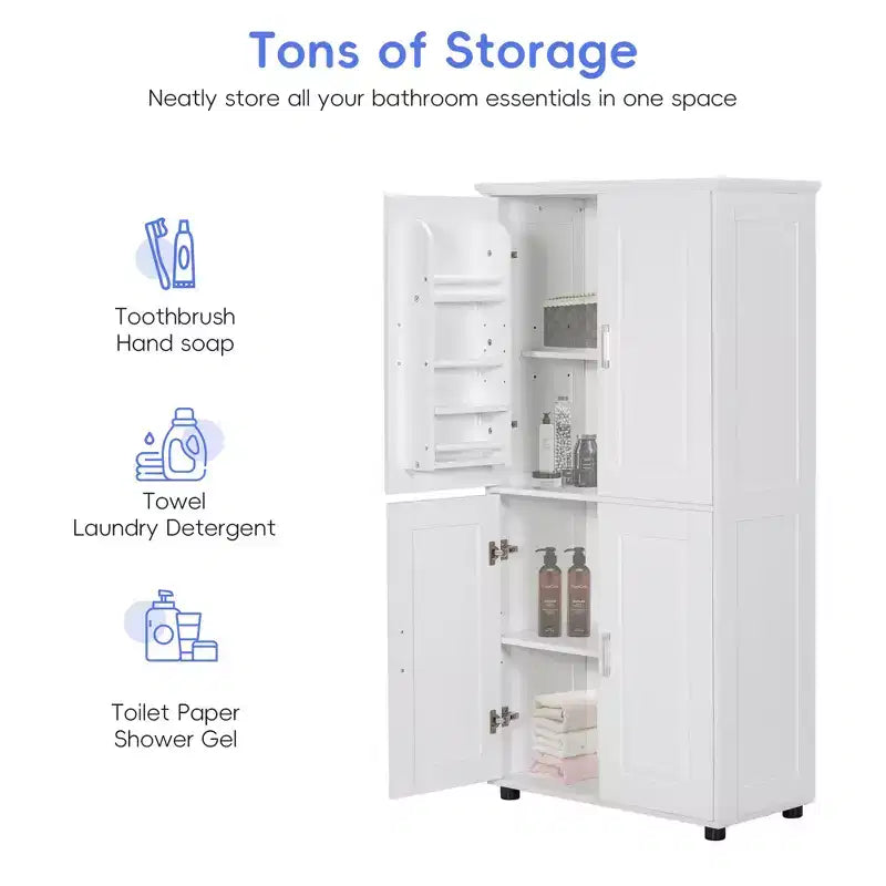 Meuble de rangement haut et large de style minimaliste Whisen, meuble autonome avec 4 portes et étagères réglables pour salle de bain, bureau - Blanc