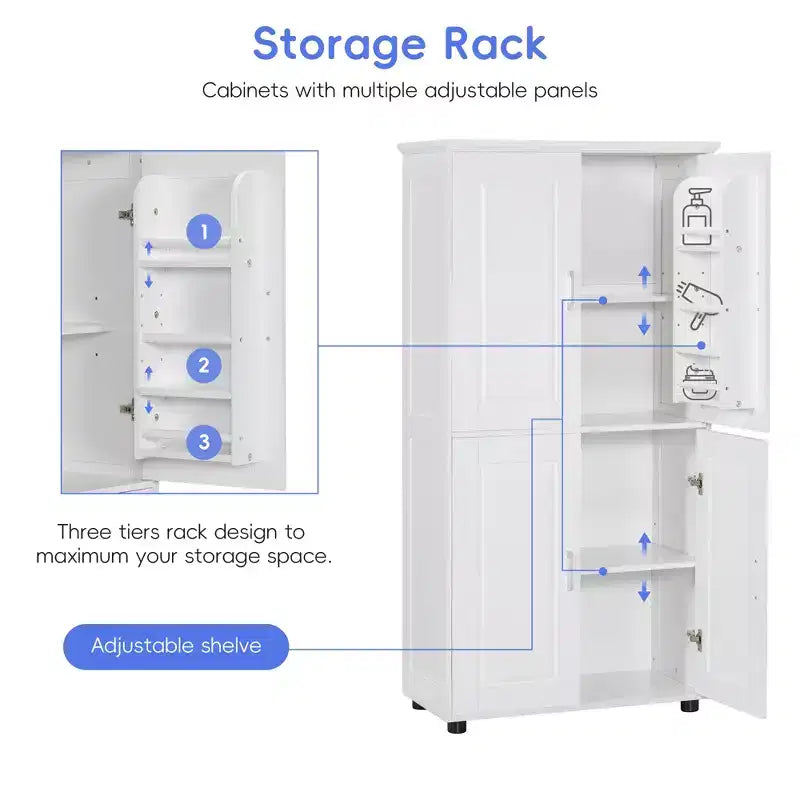Meuble de rangement haut et large de style minimaliste Whisen, meuble autonome avec 4 portes et étagères réglables pour salle de bain, bureau - Blanc