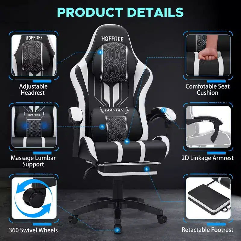 Fauteuil de massage et de jeu extra-large Hoffree, Fauteuil de bureau ergonomique pour PC avec repose-pieds et réglable