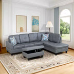 Dark Gray Semi-PU Leather Sectional Sofa - Modern L-Shaped Design, Tufted Cushions, Decorative Pillows, Storage Ottoman