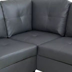 Canapé sectionnel gris foncé en similicuir PU - Design moderne en L, coussins capitonnés, oreillers décoratifs, pouf de rangement