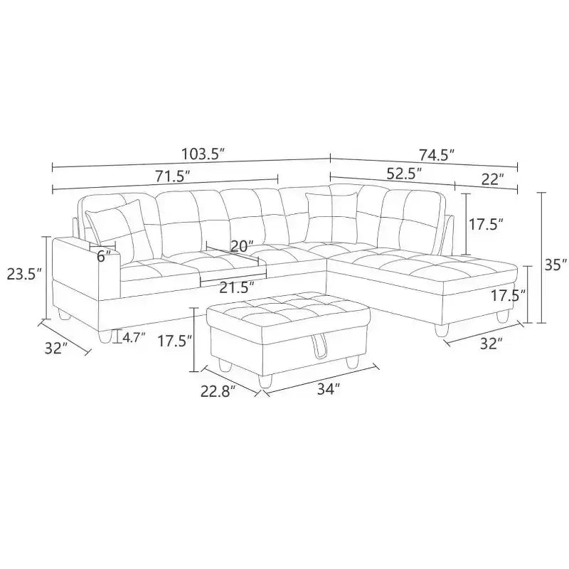 Canapé sectionnel gris foncé en similicuir PU - Design moderne en L, coussins capitonnés, oreillers décoratifs, pouf de rangement