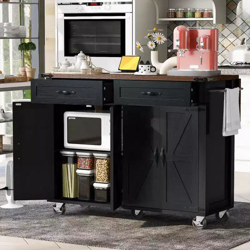 53.5 Black Farmhouse Kitchen Island with Drop Leaf, Rolling Kitchen Cart on Wheels for Home Kitchen Dining Room