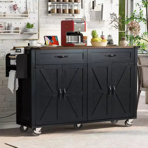 53,5 Îlot de cuisine de ferme noir avec abattant, Desserte de cuisine roulante sur roulettes pour cuisine ou salle à manger à la maison