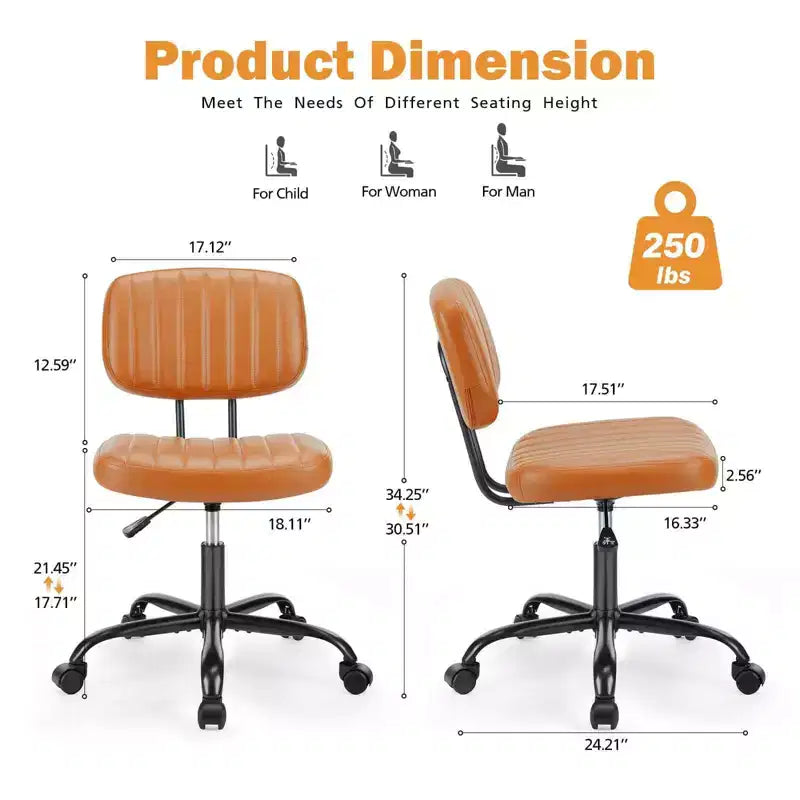 Chaise de bureau réglable en hauteur : Pivotement à 360°, Sans accoudoirs, Piètement à roulettes