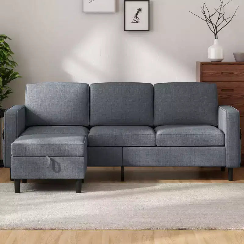 Canapé modulable Mjkone, canapé 3 places en tissu de lin en forme de L avec pouf de rangement