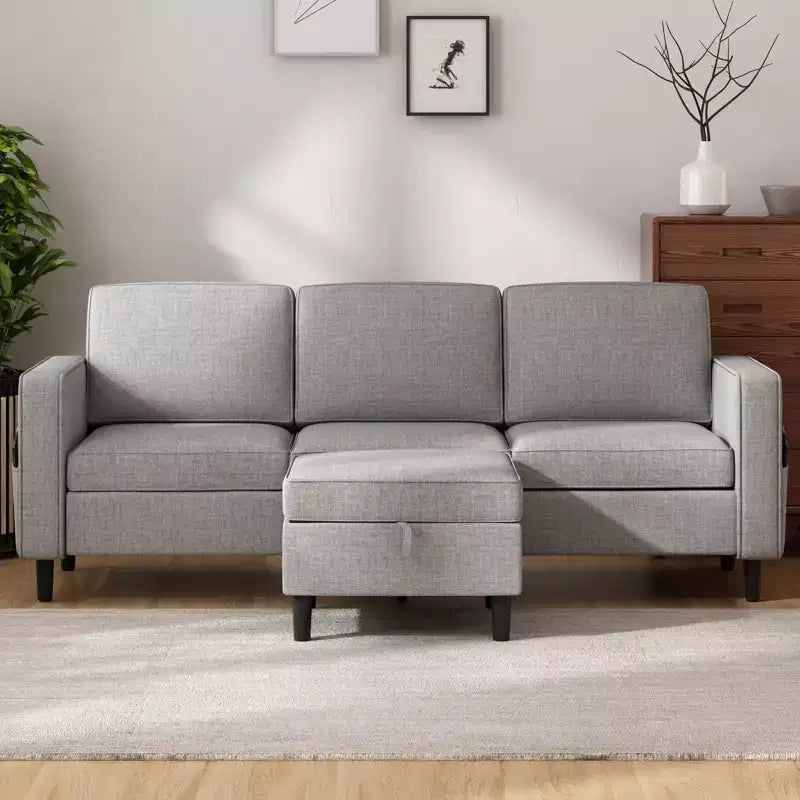 Canapé modulable Mjkone, canapé 3 places en tissu de lin en forme de L avec pouf de rangement