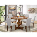 Ensemble de salle à manger 7 pièces HomeStock avec table ronde à pied central en noyer antique et 6 chaises Parson en lin