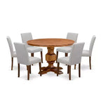 Ensemble de salle à manger 7 pièces HomeStock avec table ronde à pied central en noyer antique et 6 chaises Parson en lin