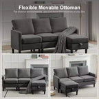 HYLEORY Canapé d'angle réversible 3 places en tissu de lin, avec pouf, pour salon, appartement et bureau