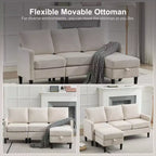 HYLEORY Canapé d'angle réversible 3 places en tissu de lin, avec pouf, pour salon, appartement et bureau