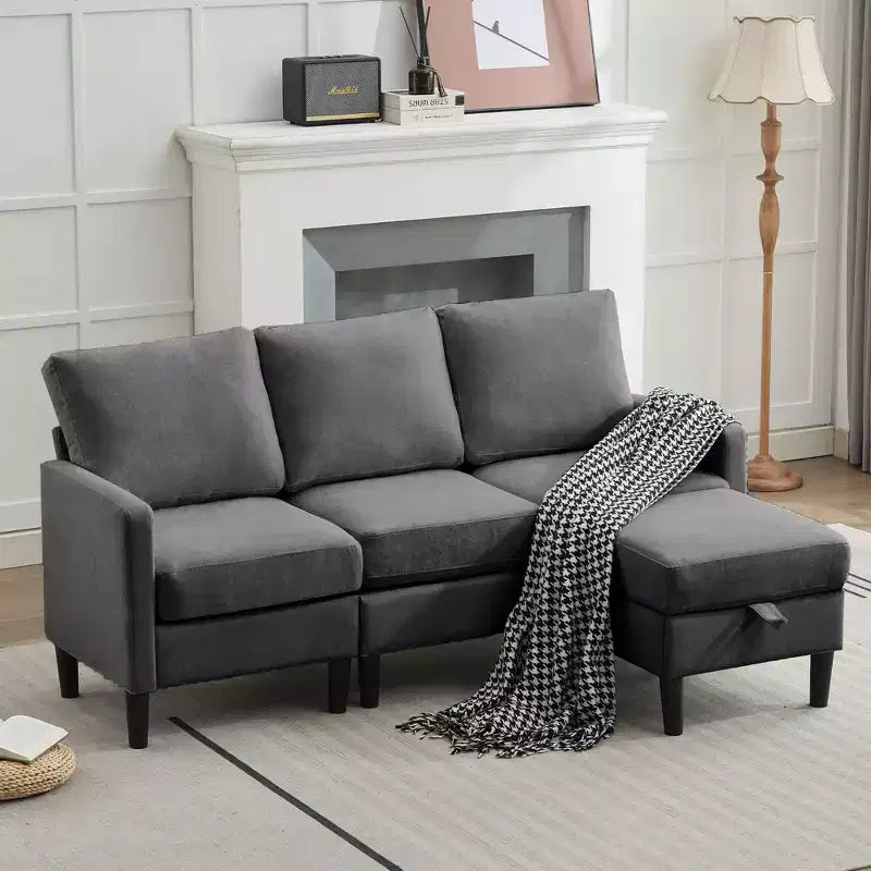 HYLEORY Canapé d'angle réversible 3 places en tissu de lin, avec pouf, pour salon, appartement et bureau