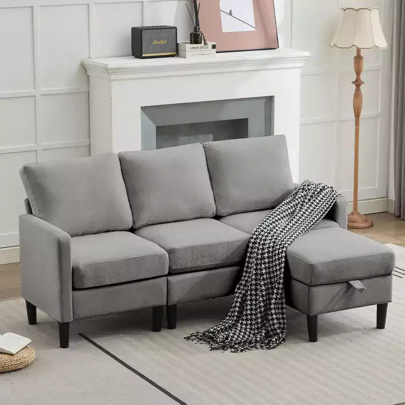 HYLEORY Canapé d'angle réversible 3 places en tissu de lin, avec pouf, pour salon, appartement et bureau