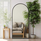 Miroir arqué noir pleine longueur à angle droit avec bord fin en alliage d'aluminium, 180x96x1,5cm (avec support)