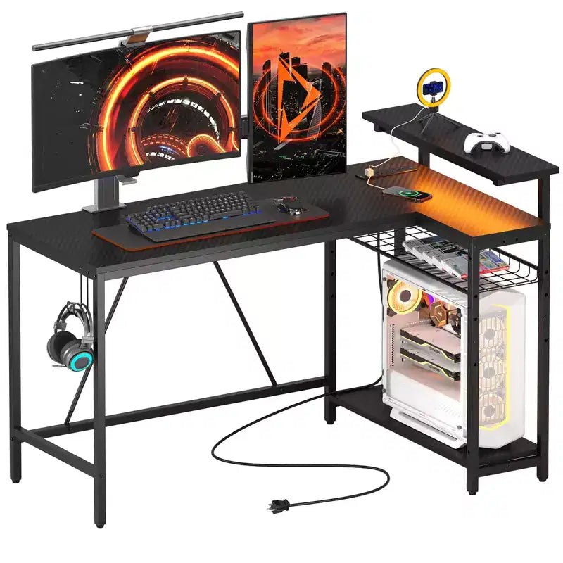 Bureau de jeu Bestier 52 avec lumières LED, bureau en forme de L avec prise de courant et support d'écran, bureau d'angle pour ordinateur