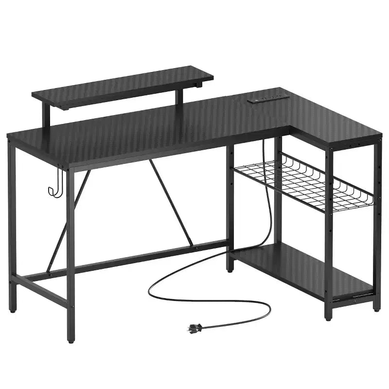Bureau de jeu Bestier 52 avec lumières LED, bureau en forme de L avec prise de courant et support d'écran, bureau d'angle pour ordinateur