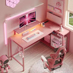 Bureau de jeu Bestier 52 avec lumières LED, bureau en forme de L avec prise de courant et support d'écran, bureau d'angle pour ordinateur