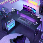 Bureau de jeu Bestier 52 avec lumières LED, bureau en forme de L avec prise de courant et support d'écran, bureau d'angle pour ordinateur