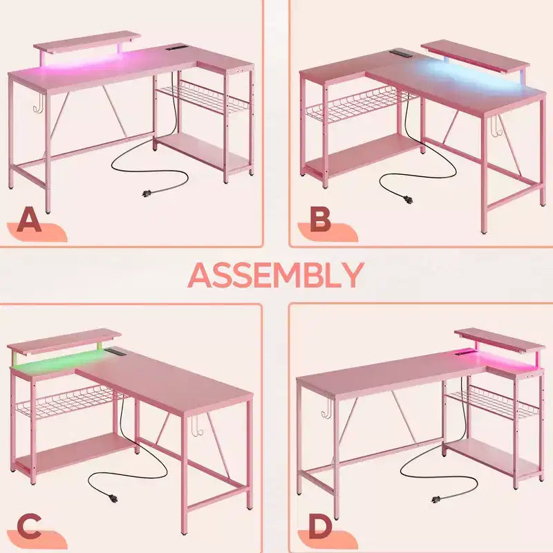 Bureau de jeu Bestier 52 avec lumières LED, bureau en forme de L avec prise de courant et support d'écran, bureau d'angle pour ordinateur