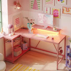 Bureau de jeu Bestier 52 avec lumières LED, bureau en forme de L avec prise de courant et support d'écran, bureau d'angle pour ordinateur