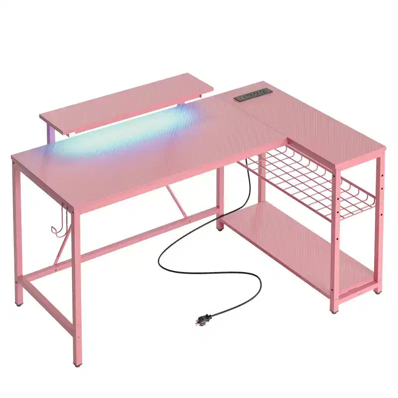 Bureau de jeu Bestier 52 avec lumières LED, bureau en forme de L avec prise de courant et support d'écran, bureau d'angle pour ordinateur