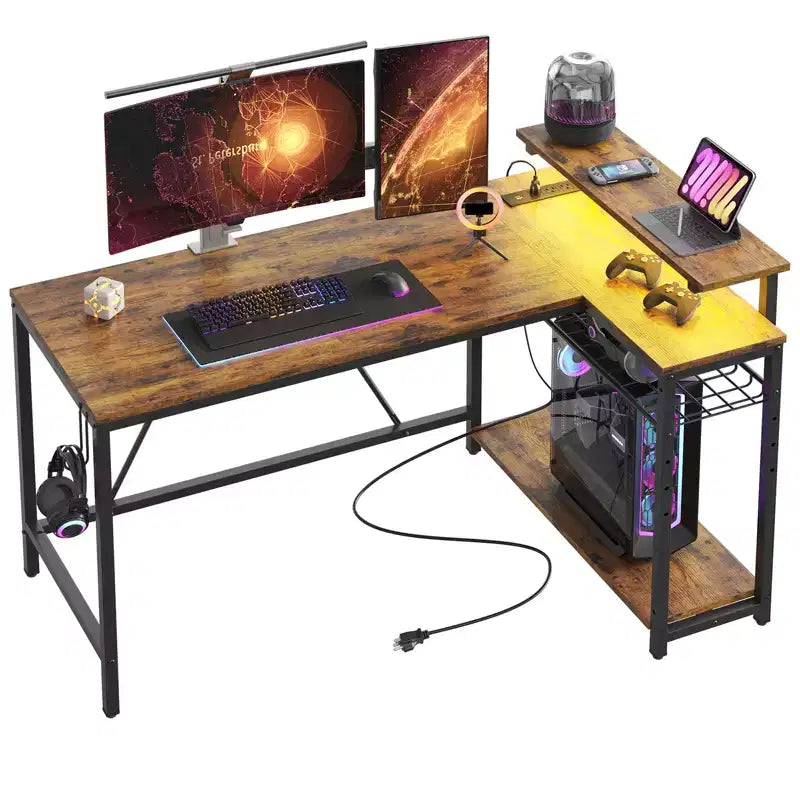 Bureau de jeu Bestier 52 avec lumières LED, bureau en forme de L avec prise de courant et support d'écran, bureau d'angle pour ordinateur