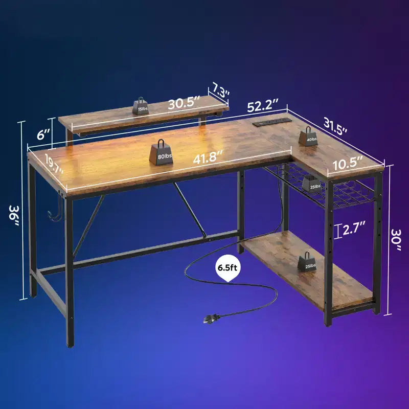 Bureau de jeu Bestier 52 avec lumières LED, bureau en forme de L avec prise de courant et support d'écran, bureau d'angle pour ordinateur