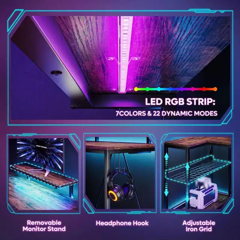 Bureau de jeu Bestier 52 avec lumières LED, bureau en forme de L avec prise de courant et support d'écran, bureau d'angle pour ordinateur