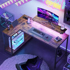 Bureau de jeu Bestier 52 avec lumières LED, bureau en forme de L avec prise de courant et support d'écran, bureau d'angle pour ordinateur