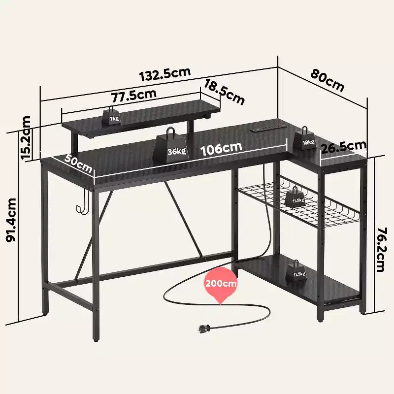 Bureau de jeu Bestier 52 avec lumières LED, bureau en forme de L avec prise de courant et support d'écran, bureau d'angle pour ordinateur