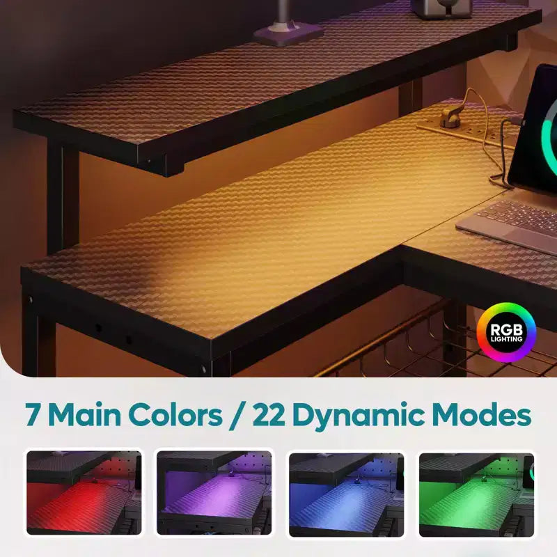 Bureau de jeu Bestier 52 avec lumières LED, bureau en forme de L avec prise de courant et support d'écran, bureau d'angle pour ordinateur