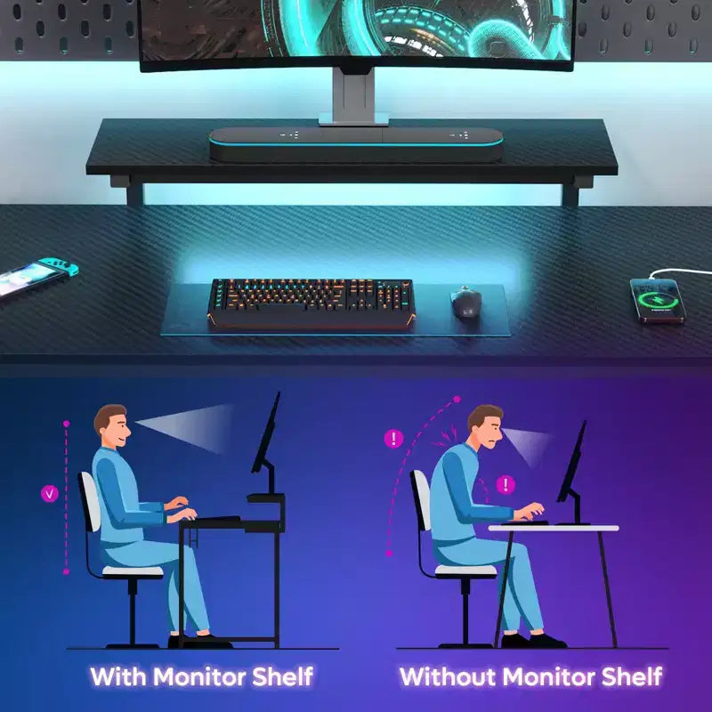 Bureau de jeu Bestier 52 avec lumières LED, bureau en forme de L avec prise de courant et support d'écran, bureau d'angle pour ordinateur