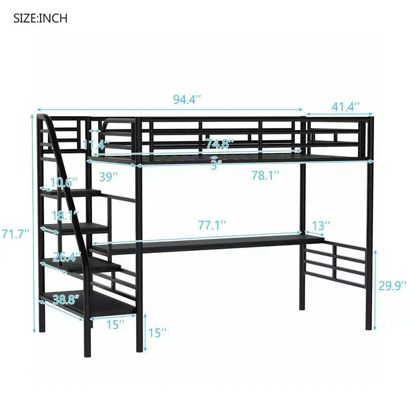 Lit mezzanine double en métal de style industriel Whisen 94,40''L 41,40''W 71,70H avec bureau intégré et escalier - Noir