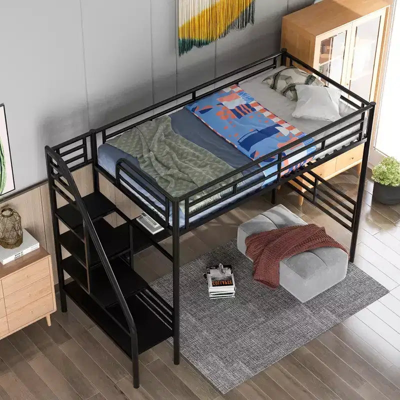 Lit mezzanine double en métal de style industriel Whisen 94,40''L 41,40''W 71,70H avec bureau intégré et escalier - Noir