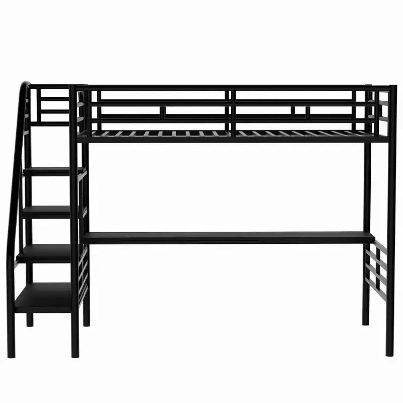Lit mezzanine double en métal de style industriel Whisen 94,40''L 41,40''W 71,70H avec bureau intégré et escalier - Noir