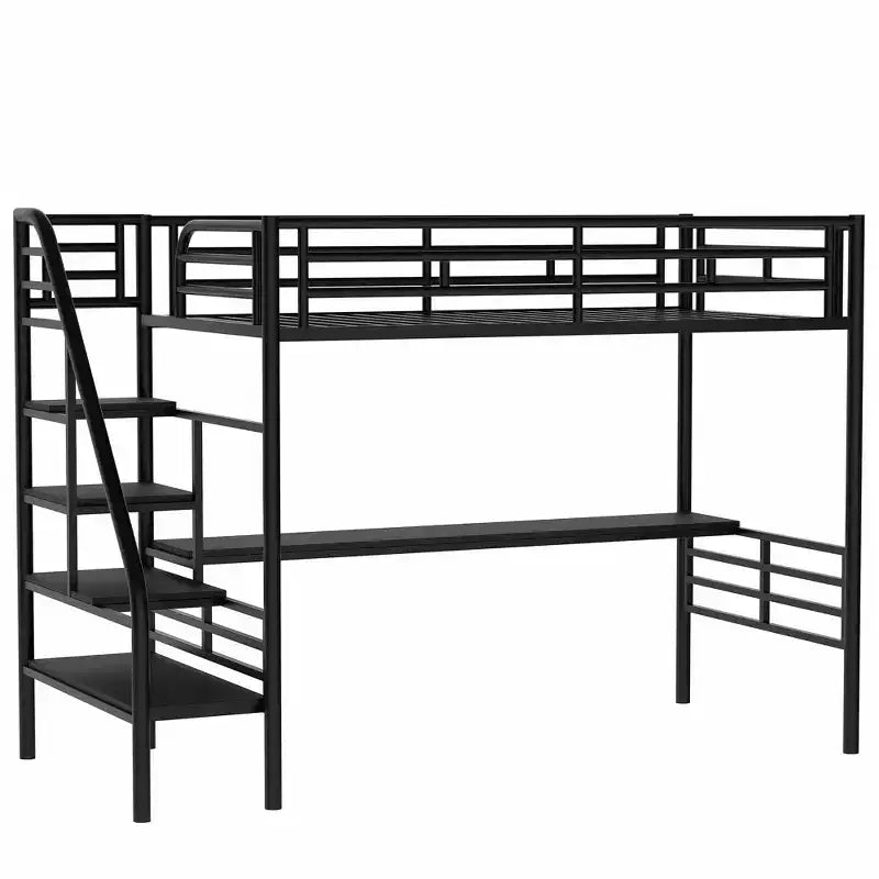 Lit mezzanine double en métal de style industriel Whisen 94,40''L 41,40''W 71,70H avec bureau intégré et escalier - Noir