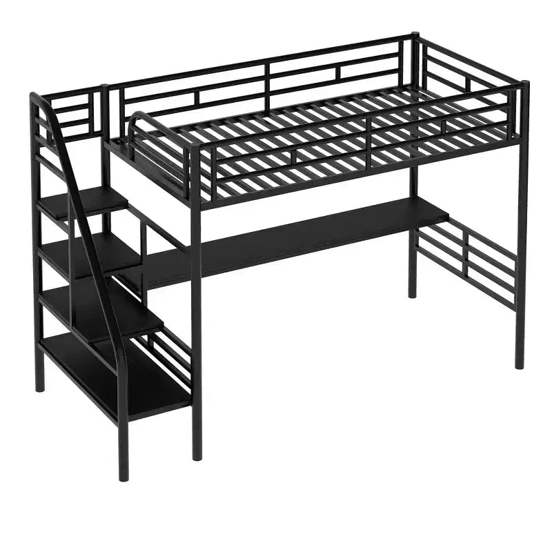Lit mezzanine double en métal de style industriel Whisen 94,40''L 41,40''W 71,70H avec bureau intégré et escalier - Noir
