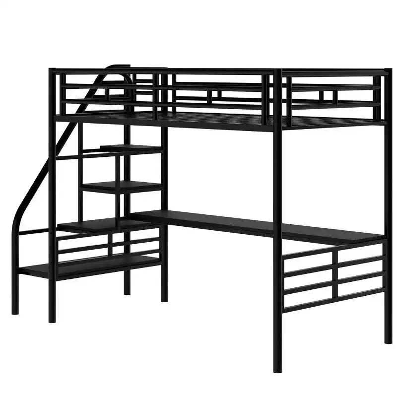 Lit mezzanine double en métal de style industriel Whisen 94,40''L 41,40''W 71,70H avec bureau intégré et escalier - Noir