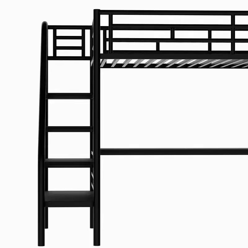 Lit mezzanine double en métal de style industriel Whisen 94,40''L 41,40''W 71,70H avec bureau intégré et escalier - Noir