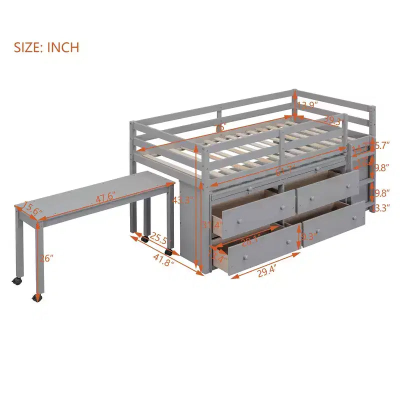 Lit mezzanine double/grand format avec bureau rétractable et 4 tiroirs, cadre de lit mezzanine bas en bois avec étagères - ModernLuxe