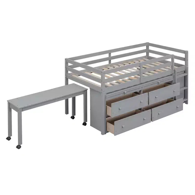 Lit mezzanine double/grand format avec bureau rétractable et 4 tiroirs, cadre de lit mezzanine bas en bois avec étagères - ModernLuxe