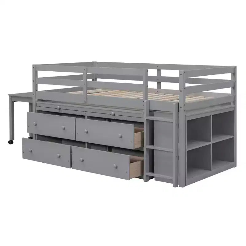 Lit mezzanine double/grand format avec bureau rétractable et 4 tiroirs, cadre de lit mezzanine bas en bois avec étagères - ModernLuxe
