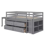 Lit mezzanine double/grand format avec bureau rétractable et 4 tiroirs, cadre de lit mezzanine bas en bois avec étagères - ModernLuxe