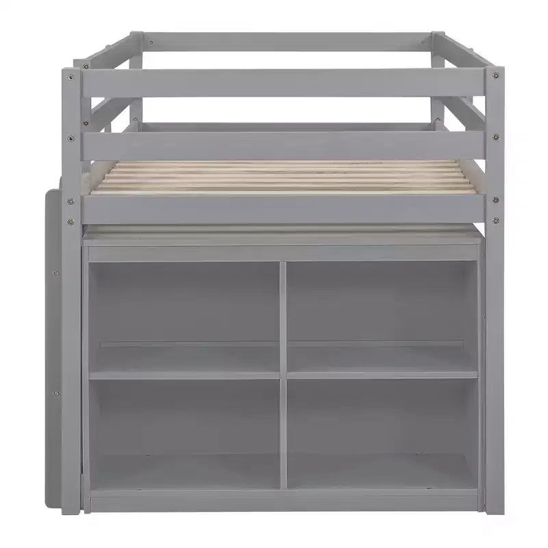Lit mezzanine double/grand format avec bureau rétractable et 4 tiroirs, cadre de lit mezzanine bas en bois avec étagères - ModernLuxe