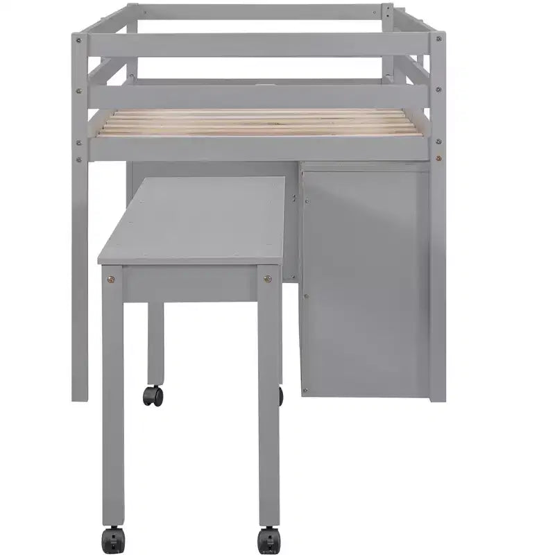 Lit mezzanine double/grand format avec bureau rétractable et 4 tiroirs, cadre de lit mezzanine bas en bois avec étagères - ModernLuxe