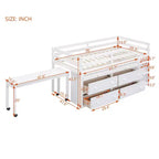 Lit mezzanine double/grand format avec bureau rétractable et 4 tiroirs, cadre de lit mezzanine bas en bois avec étagères - ModernLuxe